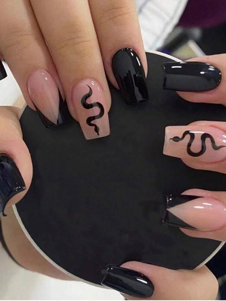 Upgrade Your Look Now! 24pcs Black Color-Block And Snake Print Nail Art, Including Decorative Nai... | SHEIN