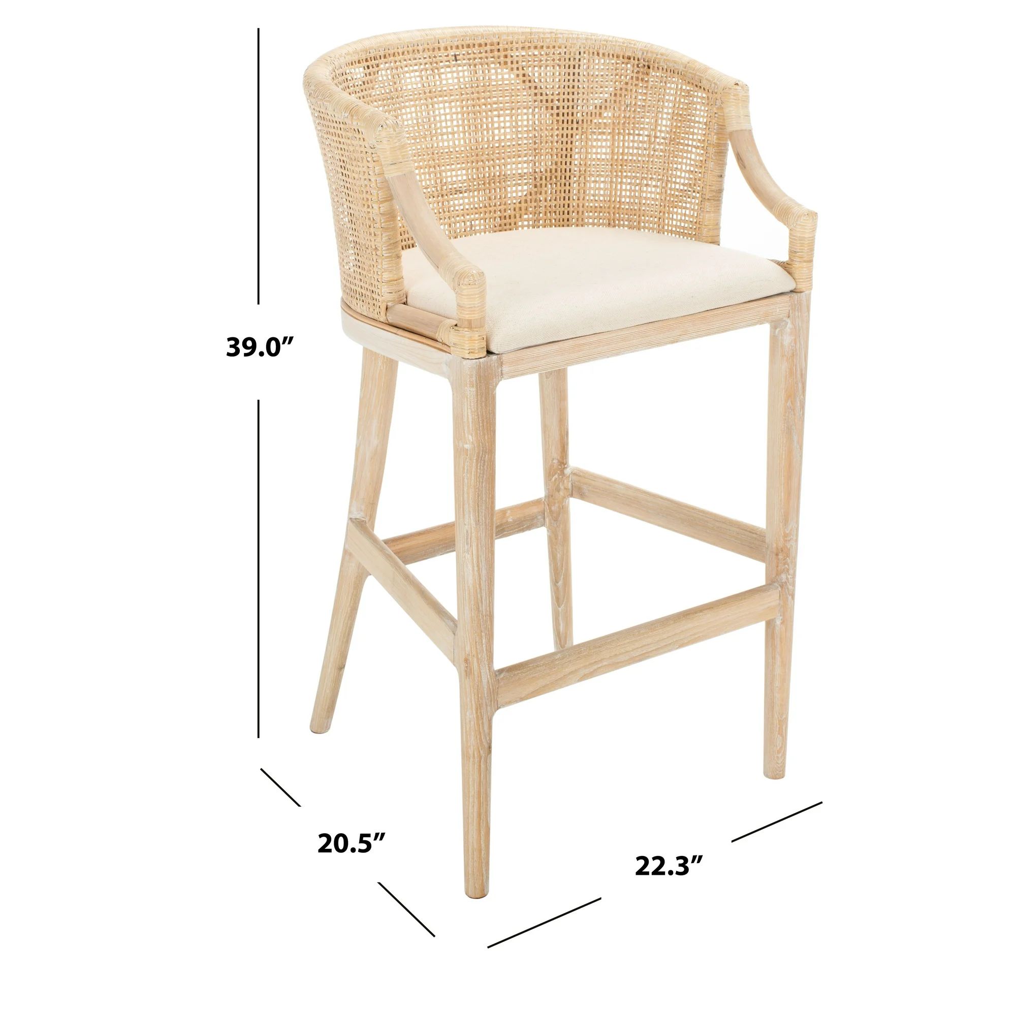 SAFAVIEH Brando Contemporary 39" Rattan Bar Stool with Footrest, Natural White Wash/White Cushion | Walmart (US)