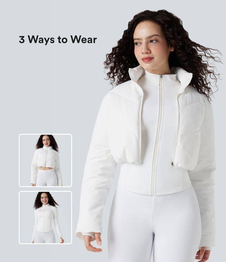 Women’s PuffFlex 3-in-1 Stand Collar Casual Cropped Puffer Coat & Thumb Holes Curved Hem Jacket... | HALARA