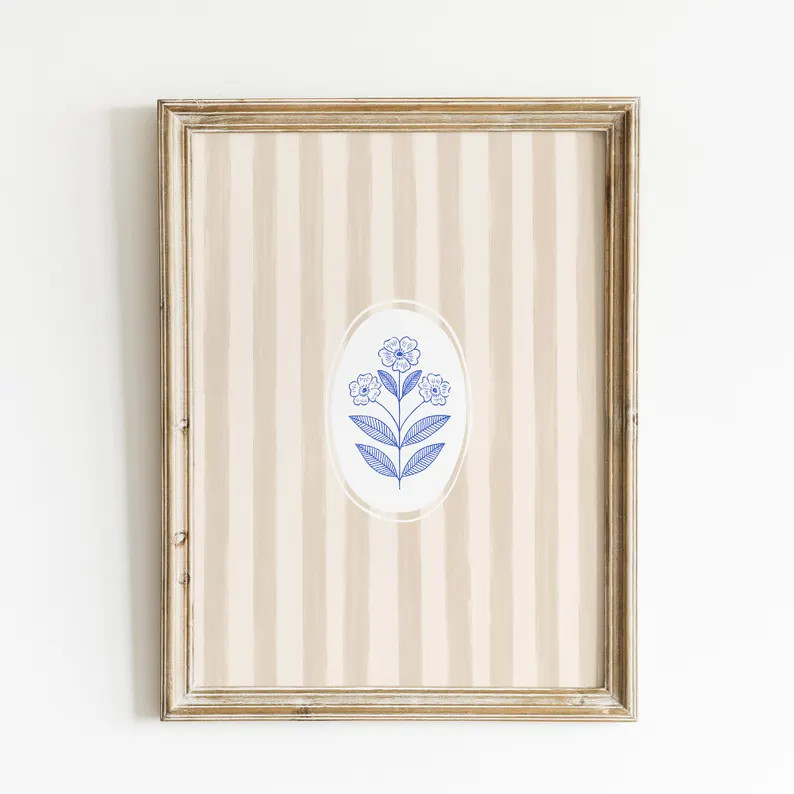 Cream Striped Floral Print, Digital Downloadable Wall Art, Trendy Decor, Vintage Painting, Fruit,... | Etsy (US)