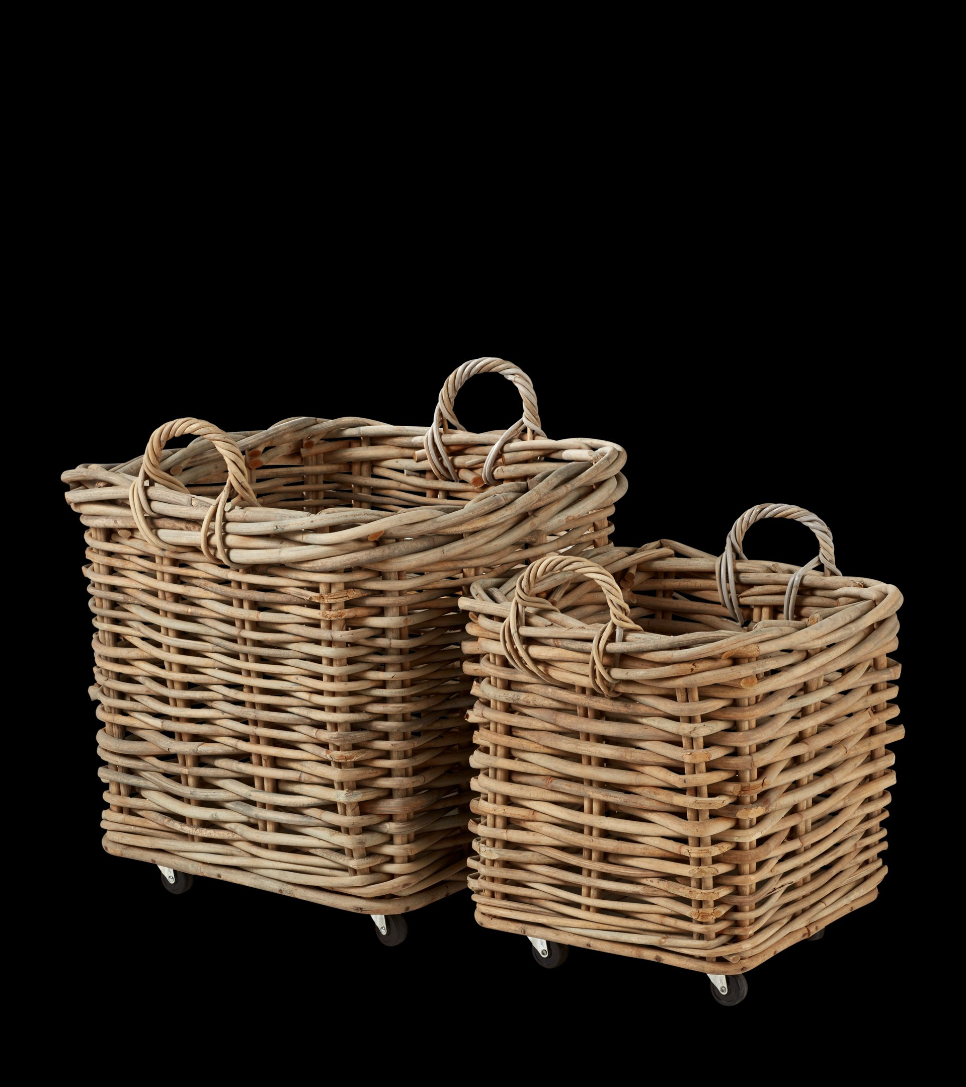Pair of Patiner Rattan Baskets With Wheels - Stone | OKA UK