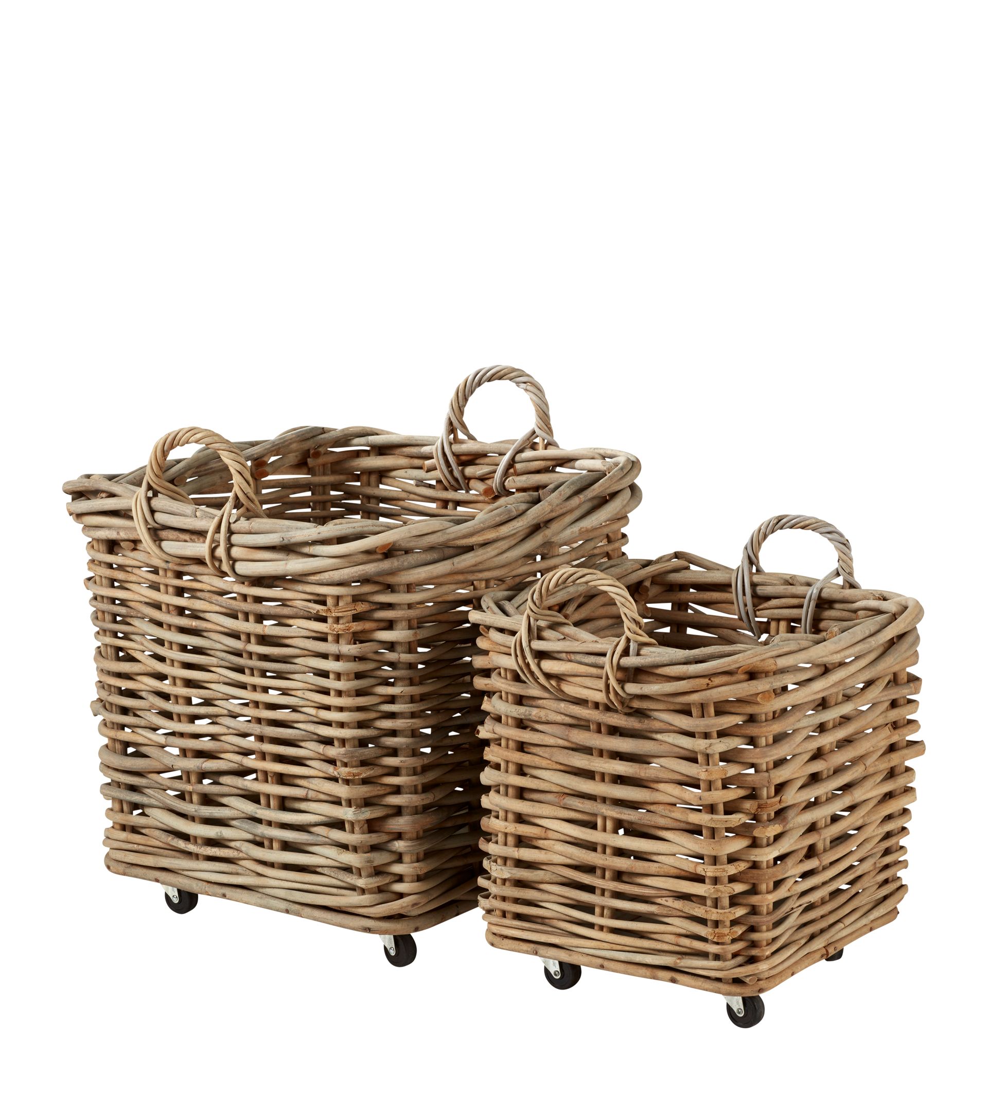 Pair of Patiner Rattan Baskets With Wheels - Stone | OKA UK