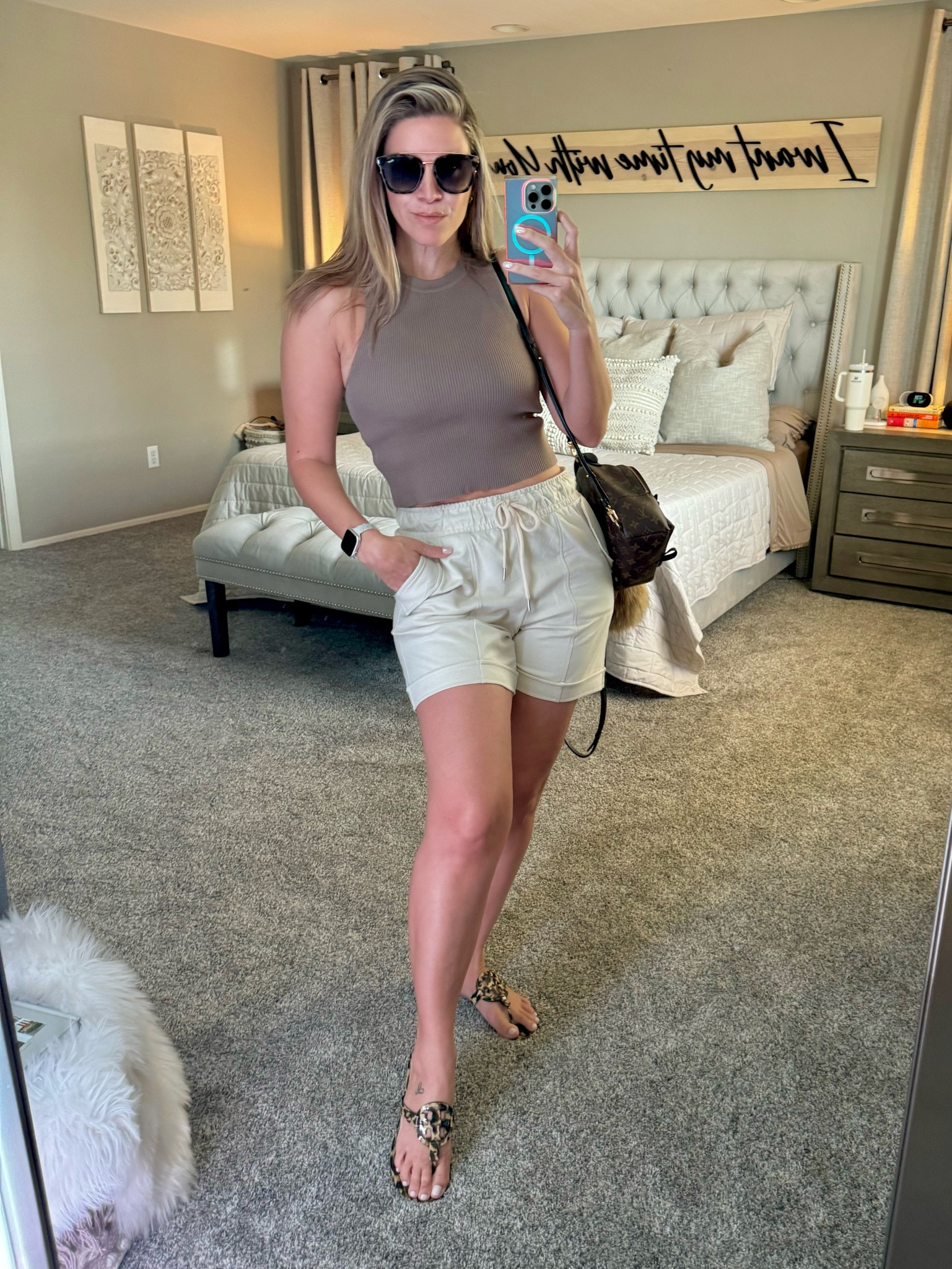 Neutral casual outfit with the most comfortable shorts and cropped top. Cheers Tory Burch miller is a must.

#LTKSummerSales #LTKStyleTip #LTKSaleAlert