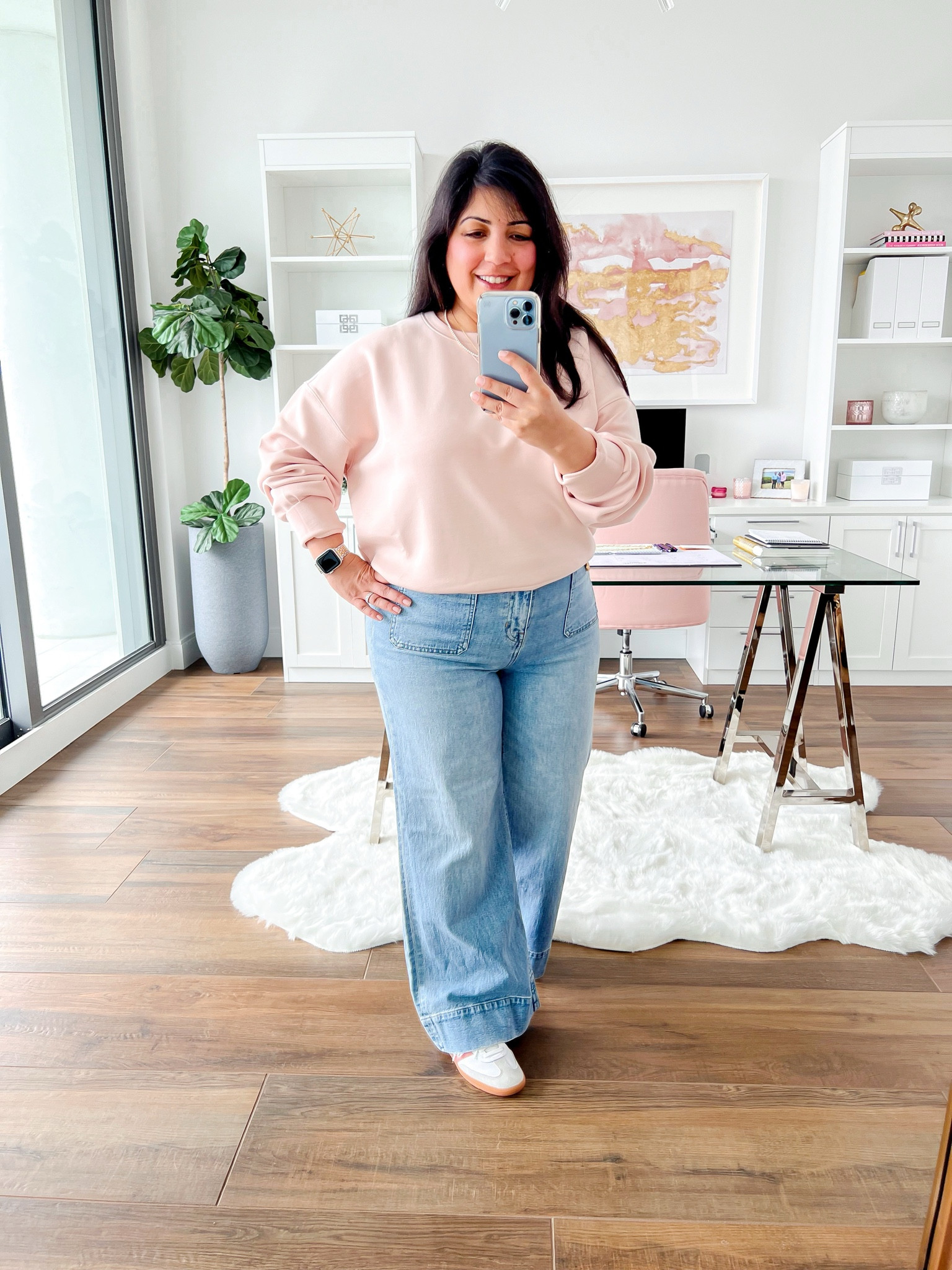 LTK Fall Sale! 25% off sitewide at J. Crew with exclusive in-app promo code. Copy the promo code below and paste at checkout to receive discount. Love these high rise sailor denim trousers that are available in regular, petite and tall sizes. Wearing them here in size 32 petite. Spanx crew neck air essentials sweatshirt size XL for oversized fit. Adidas Samba sneakers.

#LTKFallSale #LTKMidsize #LTKSaleAlert