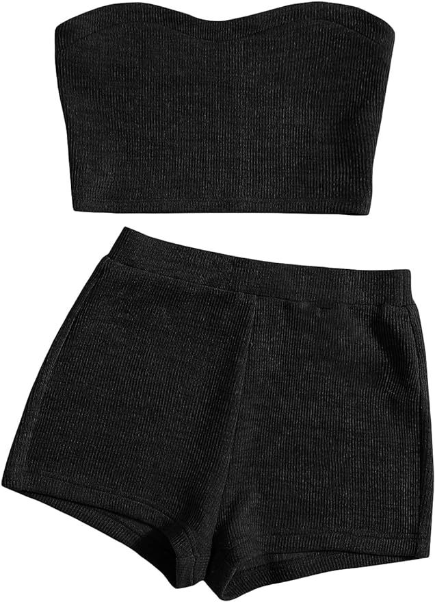 Verdusa Women's 2 Piece Outfit Ribbed Crop Bandeau Tube Top and Biker Track Shorts Sets | Amazon (US)
