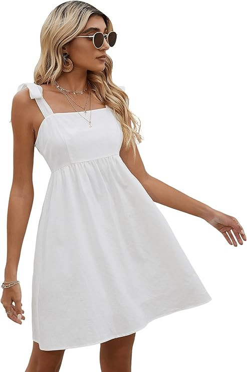 SweatyRocks Women's Solid Sleeveless Tie Shoulder Dress Boho Summer Flare Flowy Cami Tank Dresses | Amazon (US)