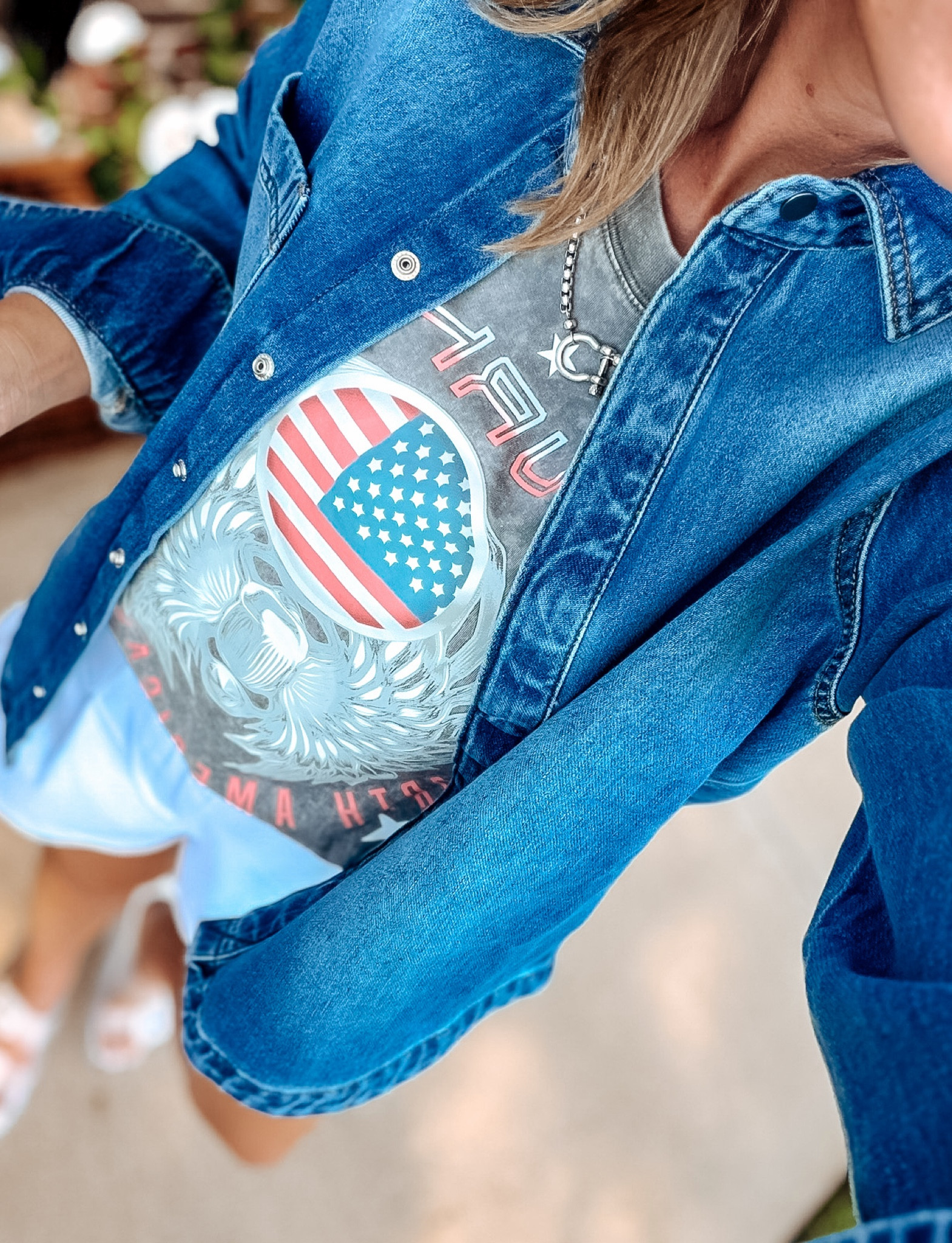 New graphic tank from Walmart. 🇺🇸 
Denim shirt on price drop. 
Denim shirt/ small
Tank/small
Shorts/ smalll

#LTKSaleAlert #LTKSeasonal #LTKOver40