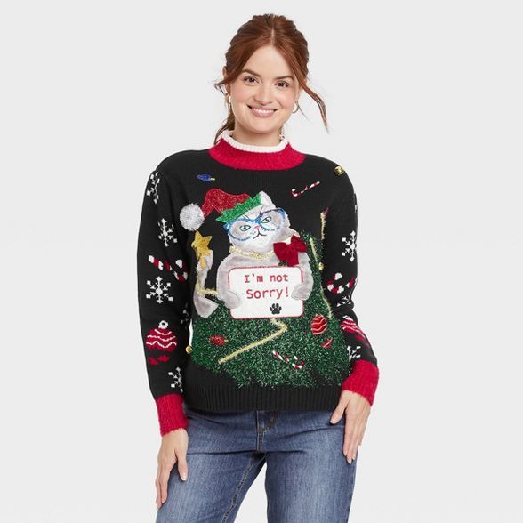 Women's I'm Not Sorry Cat Holiday Graphic Pullover Sweater - Black | Target