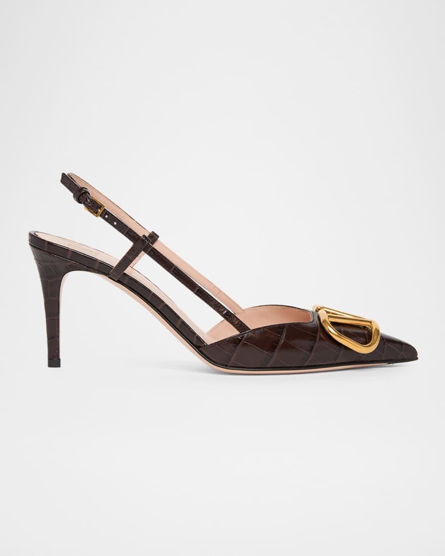 Valentino Garavani 80mm VLogo Signature Croc-Embossed Leather Slingback Pumps | Neiman Marcus