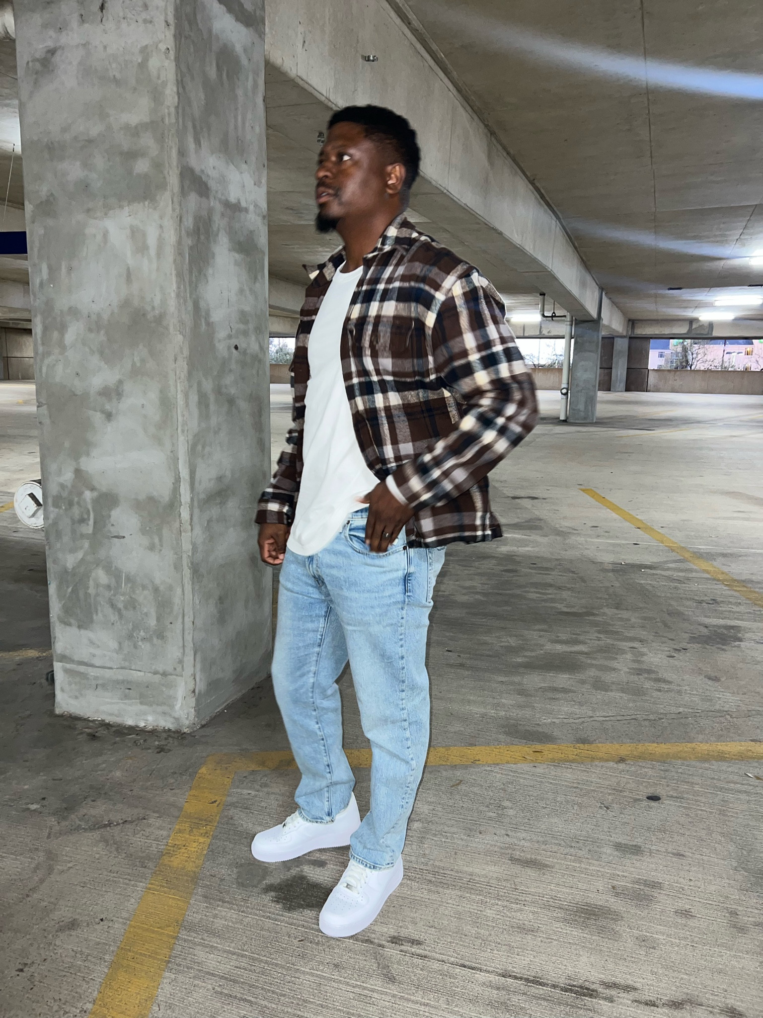 white tee and flannel