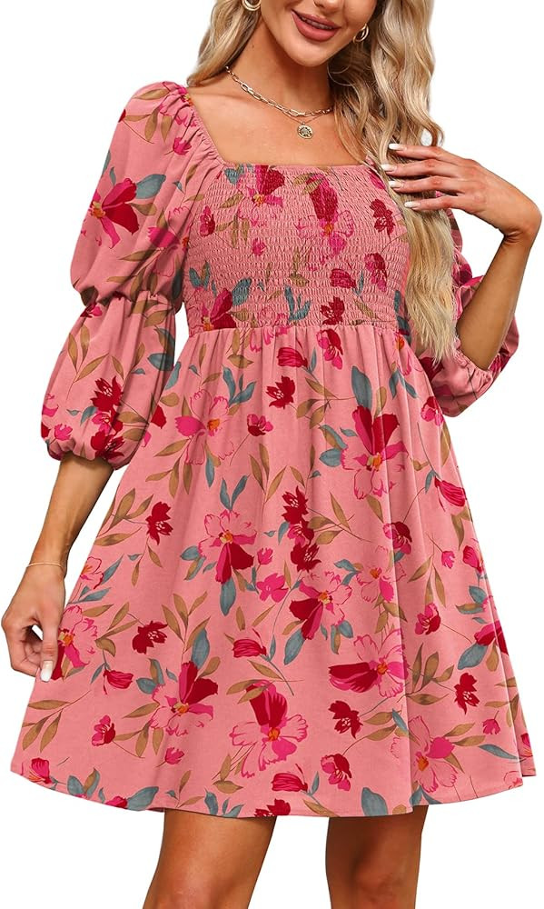 OFEEFAN Womens Dresses Square Neck Puff Sleeve Smocked Chest Off Shoulder Babydoll Mini Dress | Amazon (US)