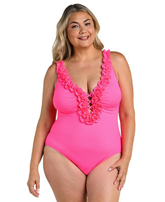 La Blanca Plus Size Island Goddess Ruffle V-Neck One-Piece Swimsuit - Macy's | Macy's