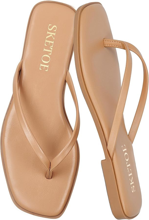 SKETOE Flip Flops for Women Square Toe Flat Sandals for Women Comfortable Thong Sandals Vegan Lea... | Amazon (US)