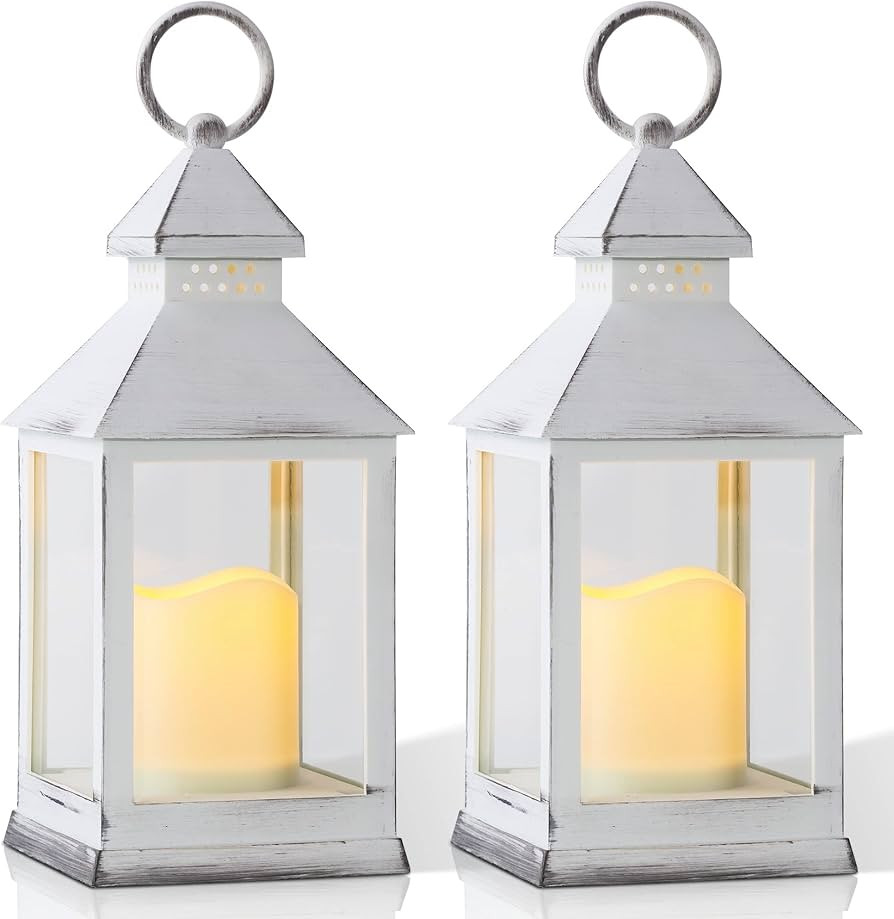 Yongmao White Vintage Lantern Decorative LED Flickering Flameless Candle with Timer, Battery Powe... | Amazon (US)