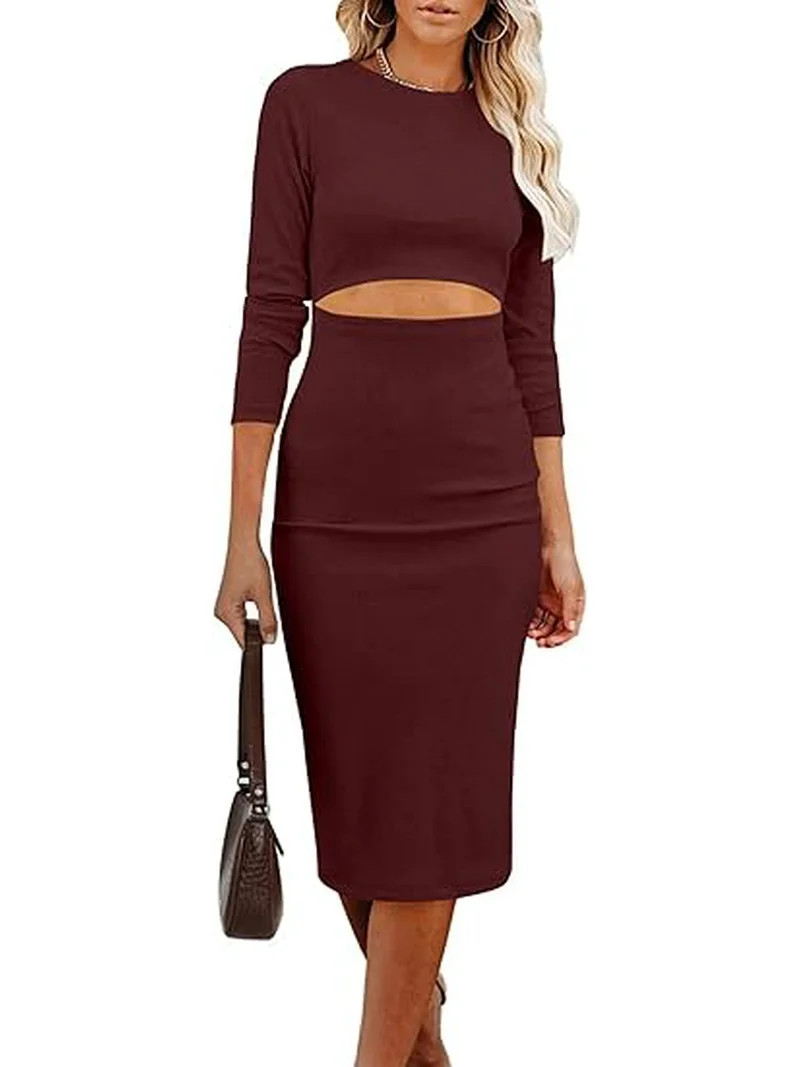 PRETTYGARDEN Women's Long Sleeve Midi Bodycon Dresses Casual Crewneck Cut Out Ribbed Knit Fitted ... | Walmart (US)