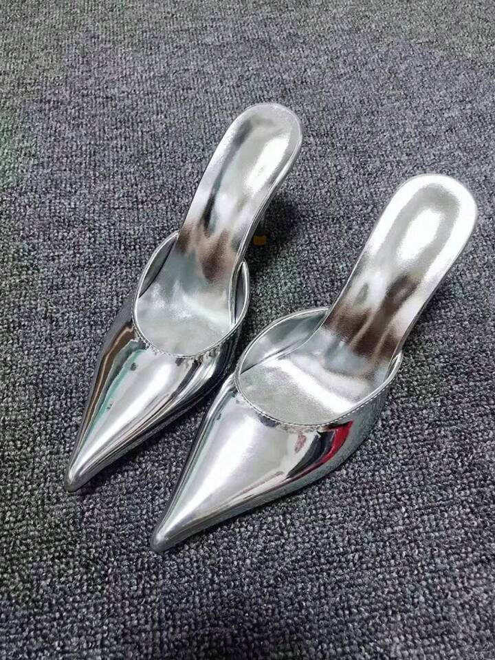 2025 Women's Sexy Glamorous Silver High Heel Pumps, Pointed Toe Stilettos, Slip-On Heels, Comfortable For Daily Wear, Work And Shopping | SHEIN
