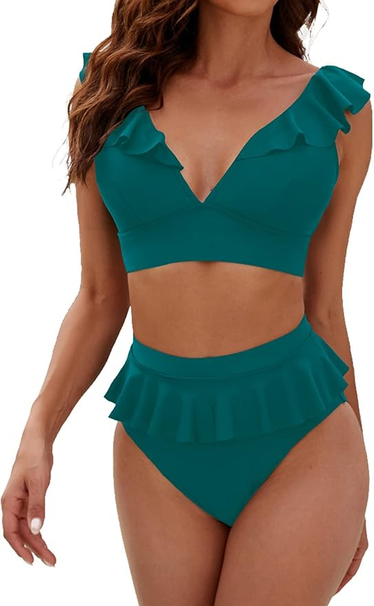Blooming Jelly Womens High Waisted Bikini Sets Ruffle Swimsuits Two Piece High Cut Bikini High Le... | Amazon (US)
