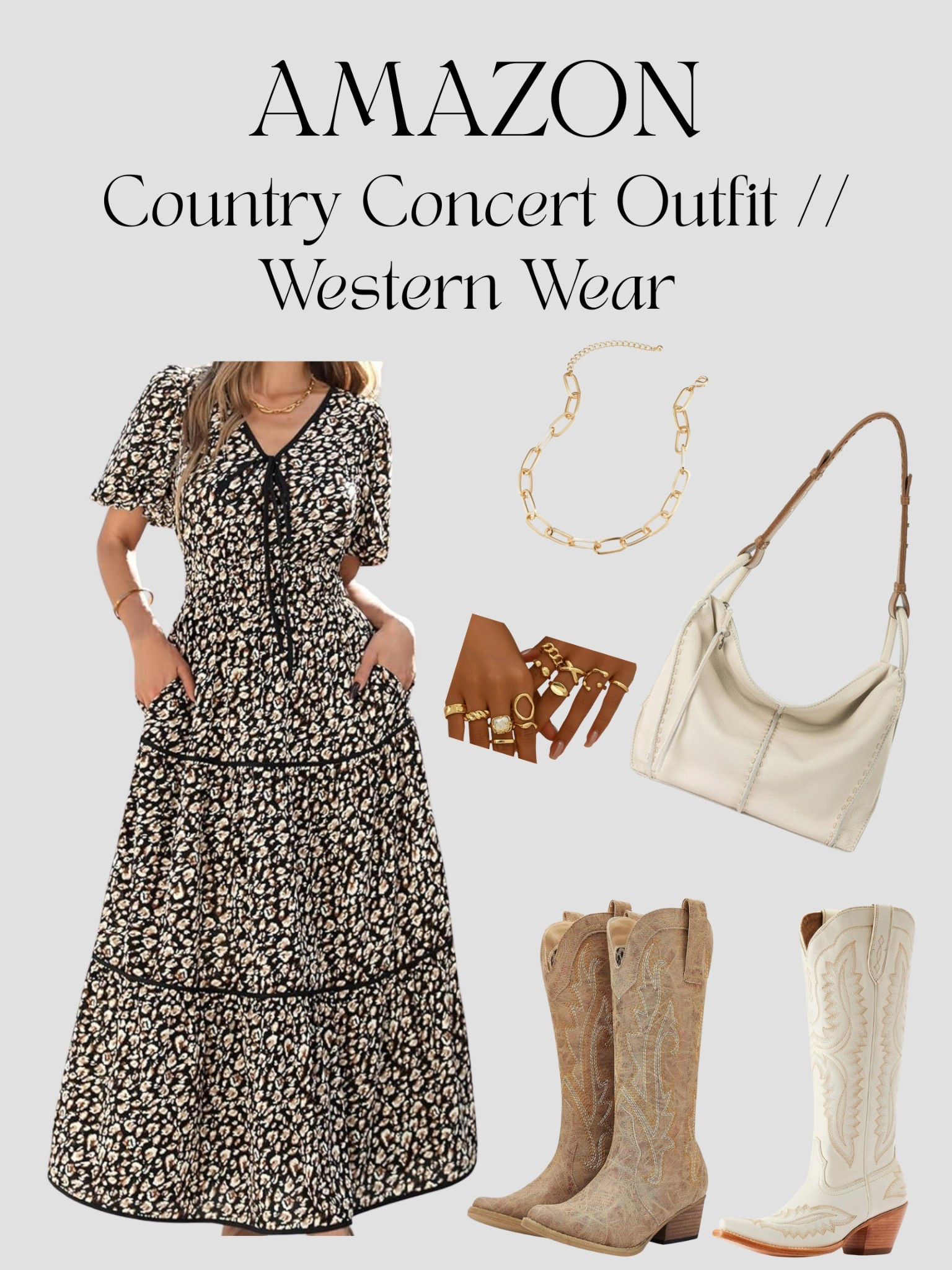 🎶 COUNTRY CONCERT READY 🤠
Amazon finds for your perfect western moment — from cowgirl boots to flowy florals, we’ve got your rodeo look covered!

✨ Shop the full outfit:
👗 Flowy printed maxi
👢 Western boots (neutral + white options!)
👜 Cream shoulder bag
💍 Gold statement rings + chunky chain

📌 Save this look for your next country concert or summer festival! 

#AmazonFinds #CountryConcertOutfit #WesternStyle #LTKStyle #LTKUnder50 #PinterestFashion #CowgirlVibes #FestivalStyle

#LTKStyleTip #LTKMidsize #LTKSummerEdit