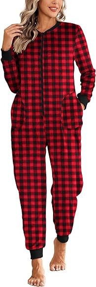 Ekouaer Christmas Women One Piece Pajamas Fleece Plaid Onesie Sleepwear Zipper Jumpsuit with Pock... | Amazon (US)