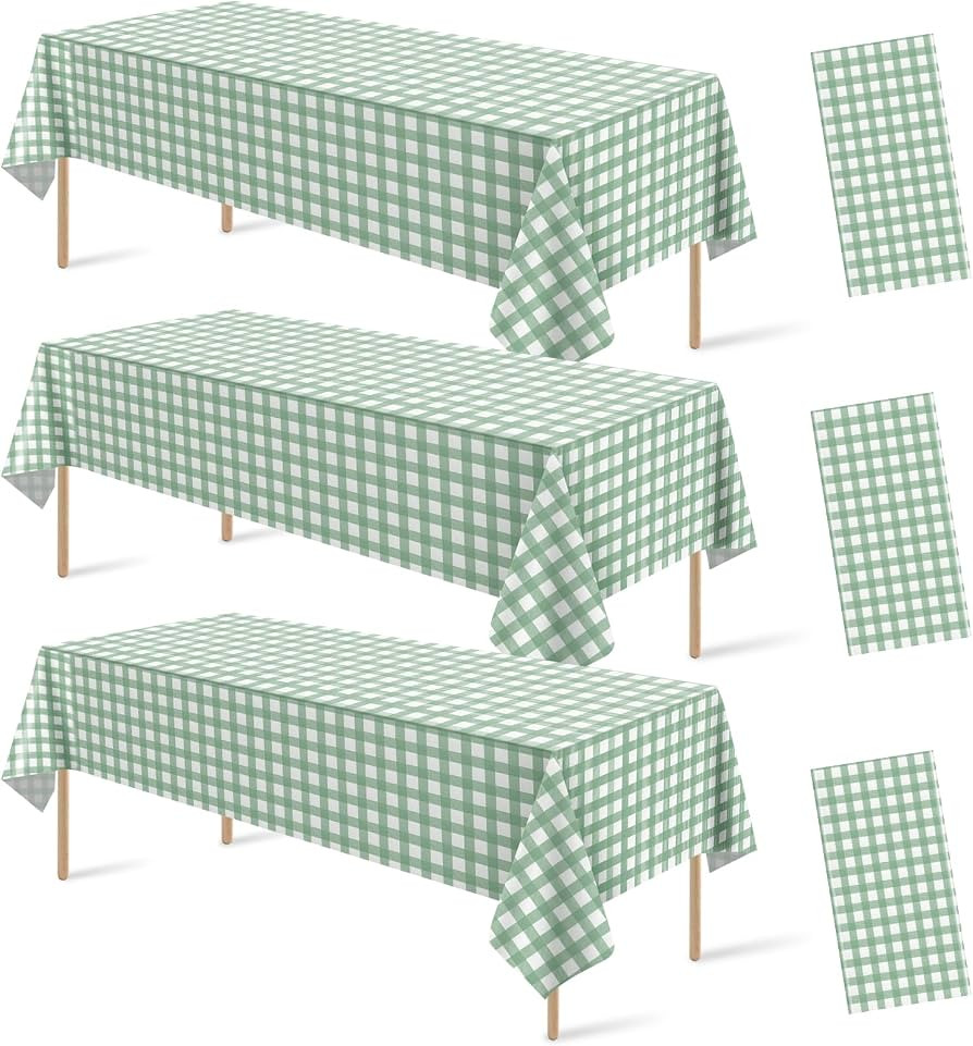 3Pcs Sage Green Gingham Birthday Party Tablecloth Decorations,Green White Checkered Plastic Table... | Amazon (US)