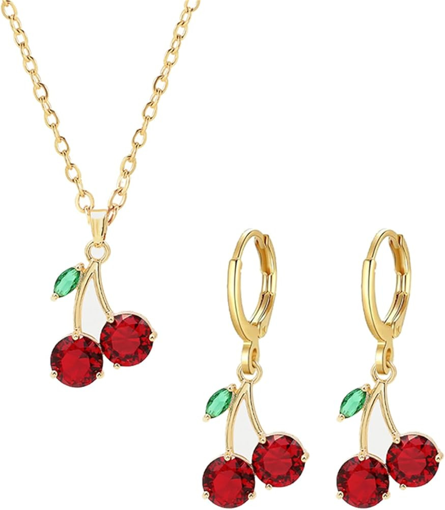 Dreuyet Red Crystal Cherry Earrings Necklace Set for Women Personalized Creative Cherry Fruit Hug... | Amazon (US)