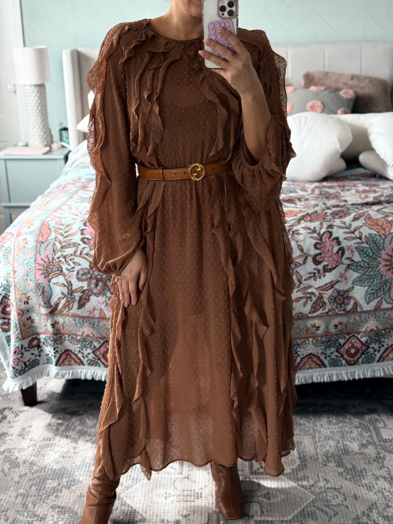 Serving vintage romance vibes in ruffles and rich caramel hues. 🍂✨ Belted up and ready for the day.”

#LTKaustralia #LTKcurves #LTKwinter
