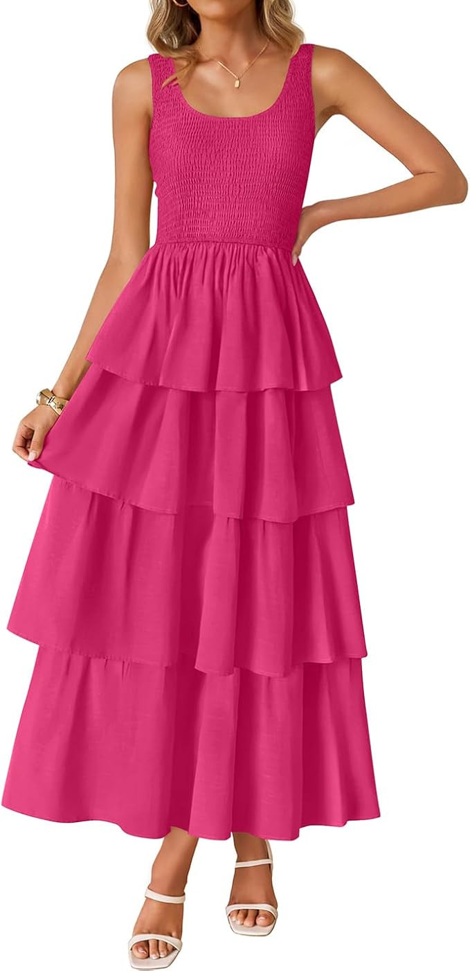 ZESICA Women's 2025 Summer Boho Sleeveless Midi Dress Scoop Neck Ruffle Tiered Layered Swing Long... | Amazon (US)