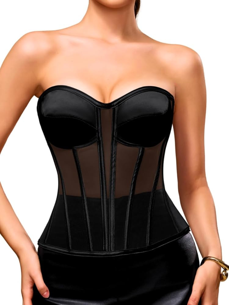 Kaei&Shi Sheer Mesh Corset Top,Overbust Satin Longline Strapless Bra,Backless Shapewear With 12 P... | Amazon (US)