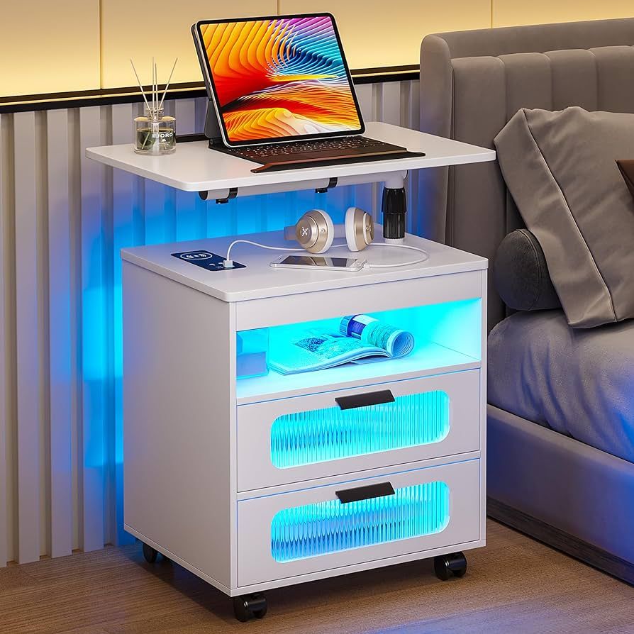 HNEBC Nightstand with Wireless Charging Station, LED Nightstand Has Adjustable Rotary Workstation... | Amazon (US)