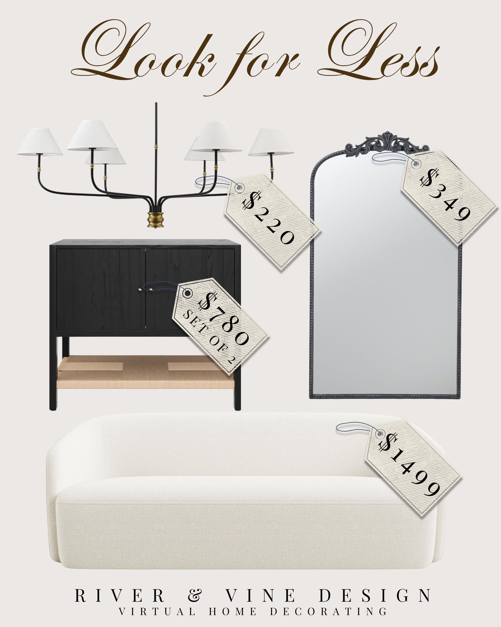 The look for less: classic, collected pieces that give you that elevated designer look without the full designer price tag. I love the mix of black accents, warm brass, soft ivory upholstery, and an ornate mirror for a timeless sitting room or living room refresh.

I may receive a commission from purchases made through my links. 

 #LTKHome