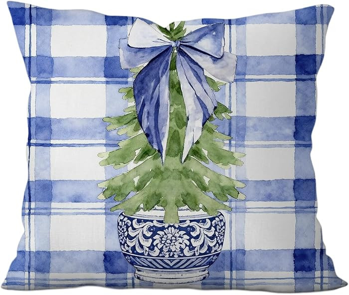 Blue and White Chinoiserie Christmas Tree Pillow Covers 18x18, Grandmillennial Christmas Decor, C... | Amazon (US)