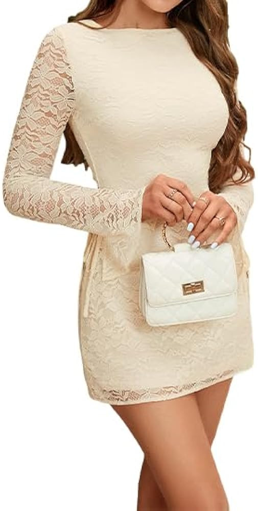 XinFSh Women's Crewneck Lace Long Sleeve Mini Dress 2023 Fall Casual Short Dresses | Amazon (US)