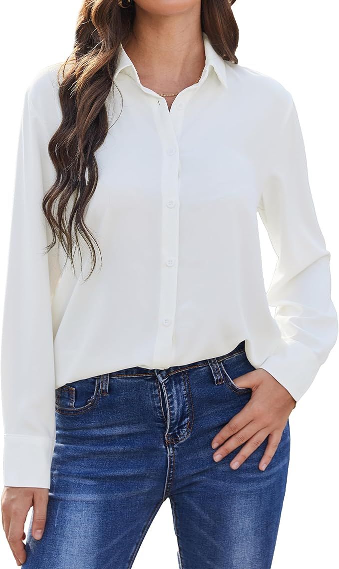 SPRING SEAON Women's Button Down Shirts Causal Collared Blouses Work Office Long Sleeve Chiffon B... | Amazon (US)