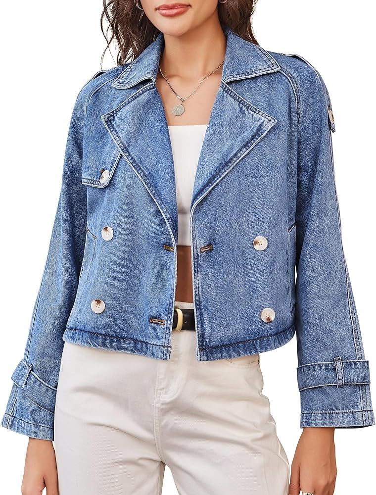 Denim Jacket for Women Cropped Trench Coat Double Breasted Lightweight Jean Jackets Casual Outerw... | Amazon (US)