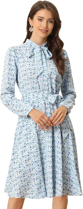 Allegra K Women's Tie Neck Dresses Spring Chiffon Long Sleeves Belted Vintage Floral Dress | Amazon (US)