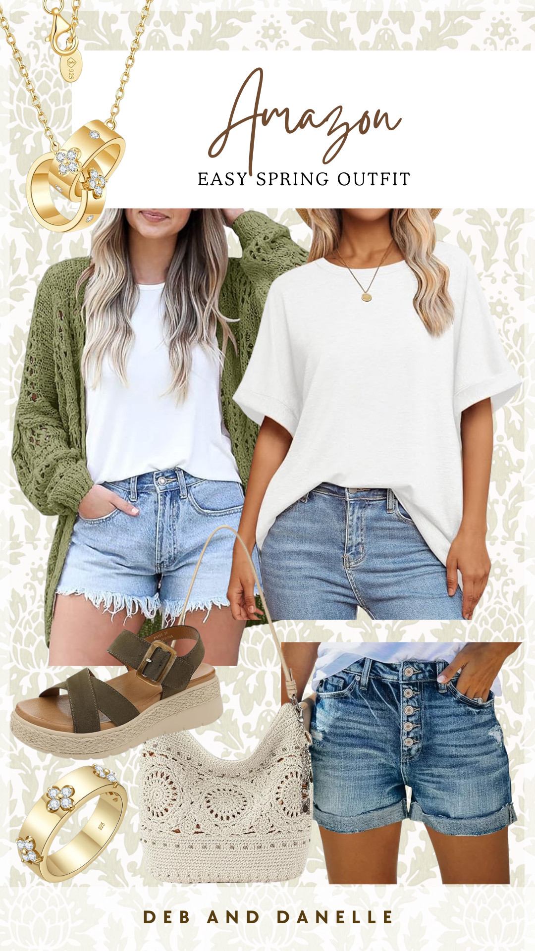 This Spring outfit from Amazon is perfect for a warm day. The white tee, denim shorts and wedge sandals will keep you stylish. Check out these accessories too! The cardigan is very oversized and roomy.  

 #LTKSeasonal #LTKSaleAlert #LTKMidsize