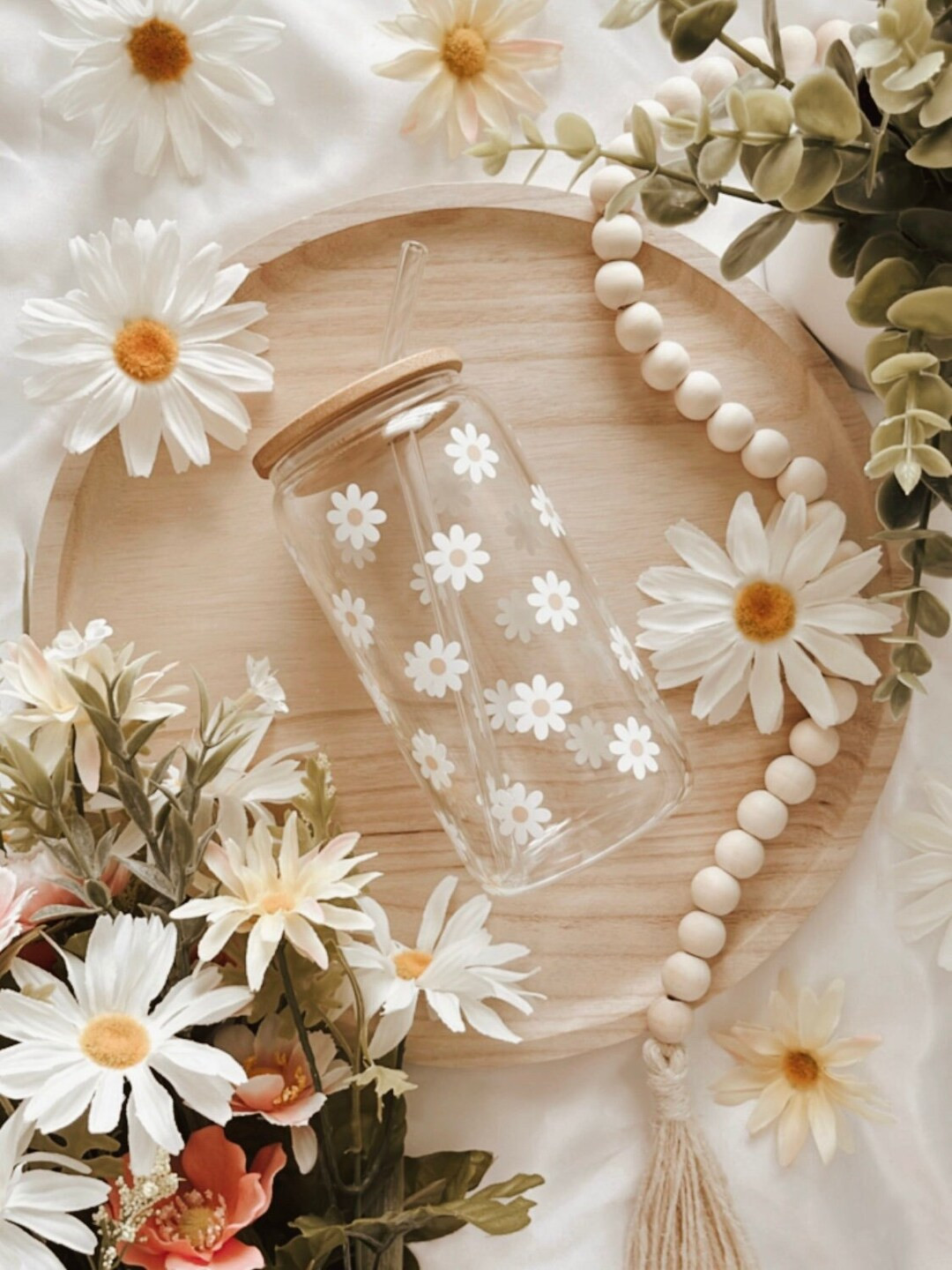 Daisy Iced Coffee Glass Cup | Spring Floral Glass Cup with Bamboo Lid and Glass Straw | Daisy Bee... | Etsy (US)