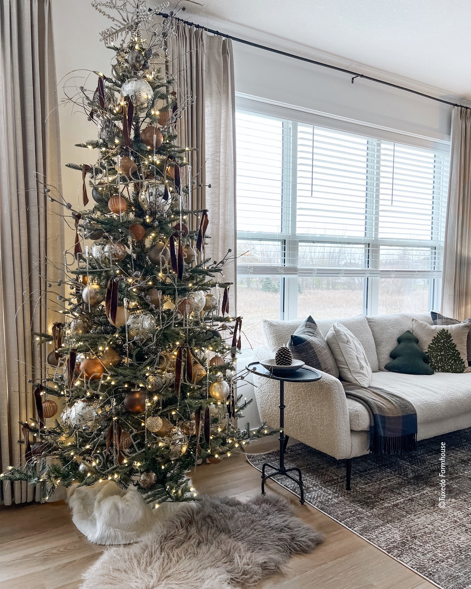 I love a full, bedazzled tree, so I use a lot of jewelry on it. My ornament palette is browns, grays, Mercury silver and vintage gold. Glass icicles, brown velvet ribbon, and a glittered bell spray add a finishing touch. The gorgeous star topper is large and heavy. I wire it to my tree with floral wire. Some of my items are out of stock, so I linked similar. 

#LTKhome #LTKHoliday #LTKsalealert