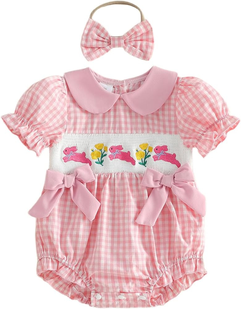 Baby Girl Easter Outfit Bunny Embroidery Onesie Infant Short Sleeve Bubble Romper Cute Easter Clo... | Amazon (US)