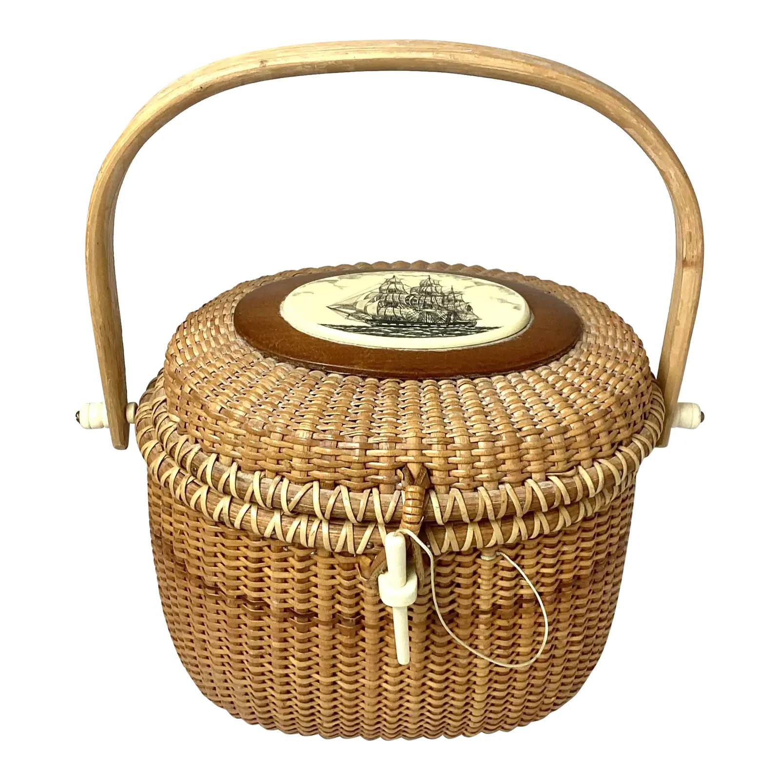 Vintage Barlow Nantucket Basket Handbag With Ship Motif Stamped Barlow | Chairish