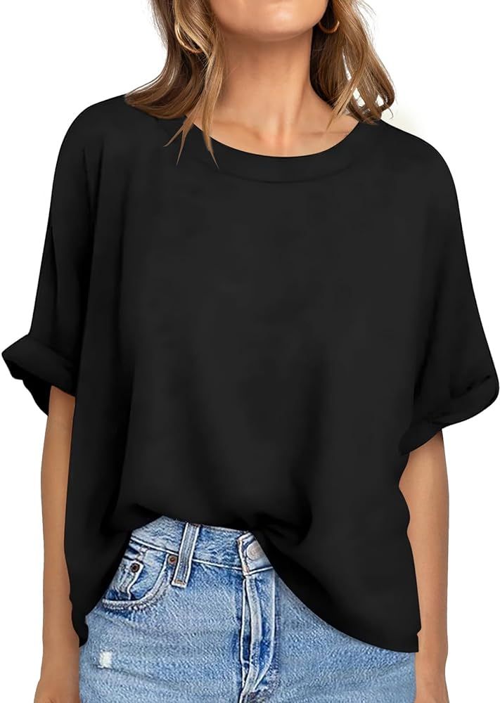 UEU Women Oversized T-Shirt Summer Casual Loose Fit Short Sleeve Basic Tops Workout Gym Tee Shirt | Amazon (US)