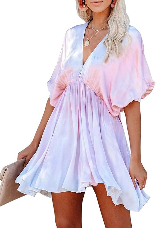 Azokoe Women Casual Cute Balloon Sleeve Mini Dress V Neck Floral Print Ruffle Layer Swing Dresses | Amazon (US)