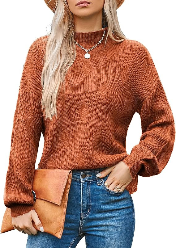 GRACE KARIN Women's Sweaters Turtleneck Lantern Sleeve Oversized Chunky Cable Knit Fall Tops | Amazon (US)