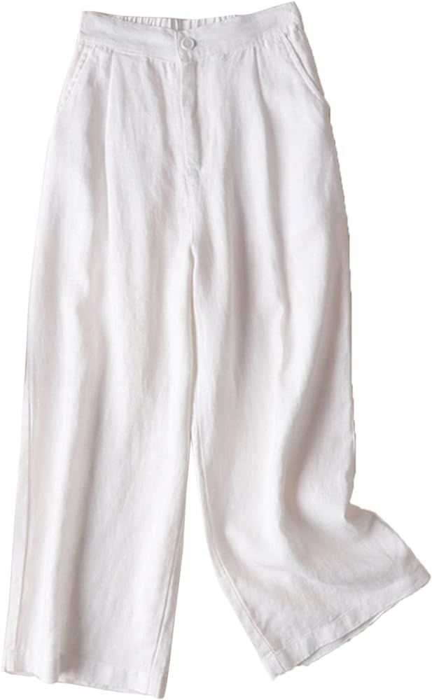 Women's 100% Linen Wide Leg Pants Capri Trousers Back with Elastic Waist | Amazon (US)