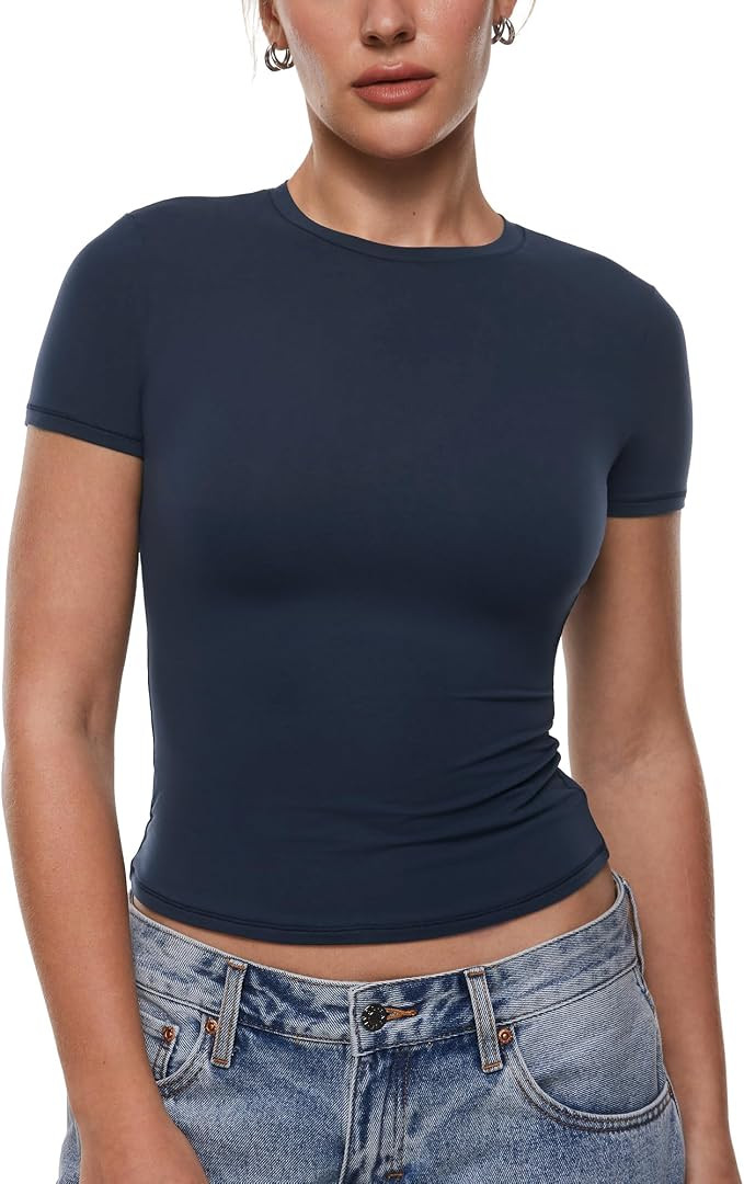 INLYRIC Women's Inbarely Ultra Short Sleeve Tops Crew Neck Double Lined Going Out Slim Fit T Shir... | Amazon (US)