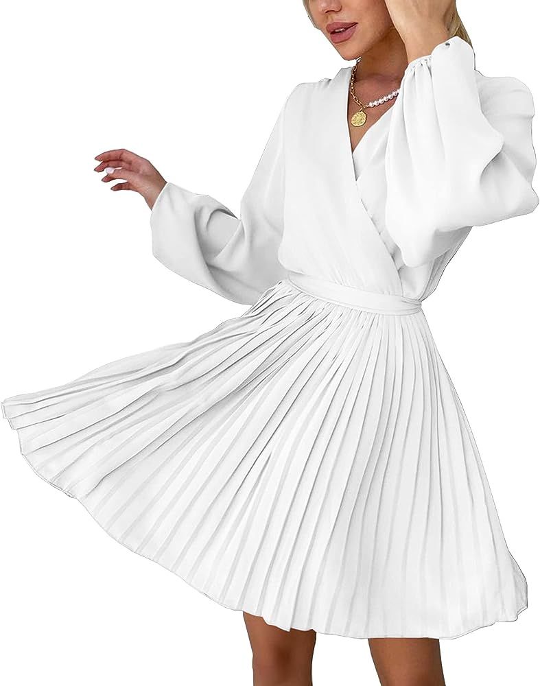 BTFBM Women Casual Summer Fall Dresses 2023 Boho Wrap V Neck Puff Long Sleeve Cocktail Flowy Plea... | Amazon (US)