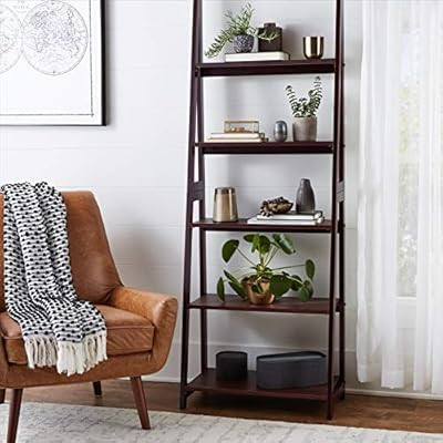 AmazonBasics Modern 5-Tier Ladder Bookshelf Organizer with Solid Rubber Wood Frame, Walnut | Amazon (US)