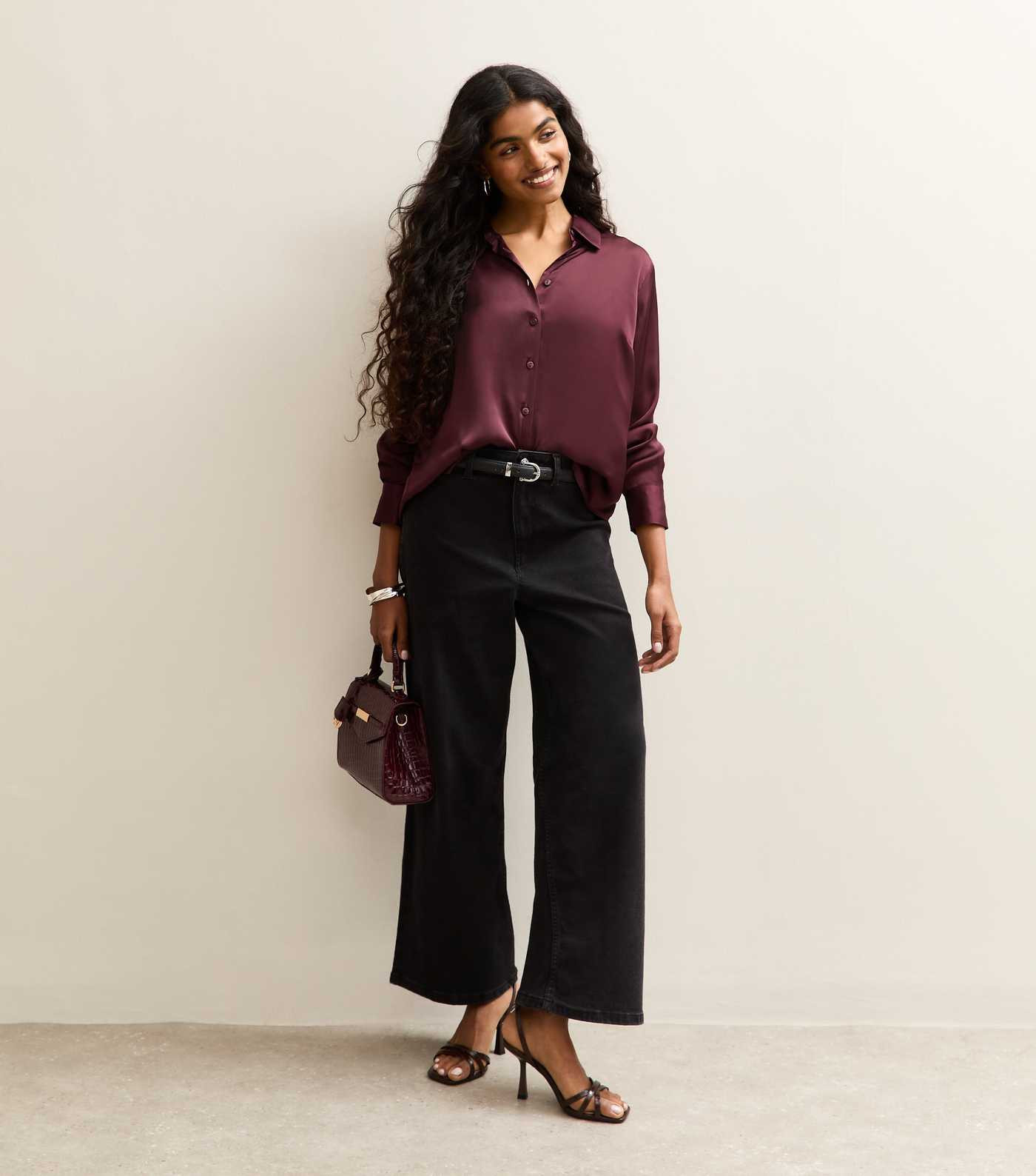 Petite Burgundy Satin Long Sleeve Shirt | New Look | New Look (UK)