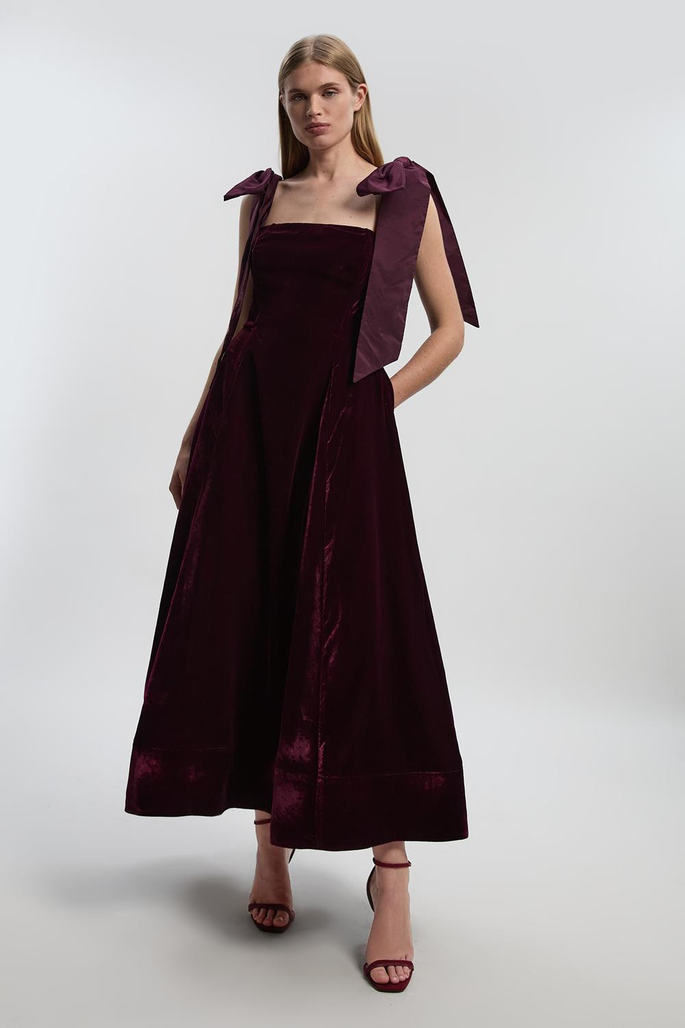 Velvet Bardot Woven Prom Midaxi Dress With Taffeta Bow | Karen Millen UK + IE + DE + NL