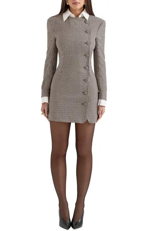 HOUSE OF CB Leoni Houndstooth Long Sleeve Minidress in Brown And Black Check at Nordstrom, Size Large | Nordstrom